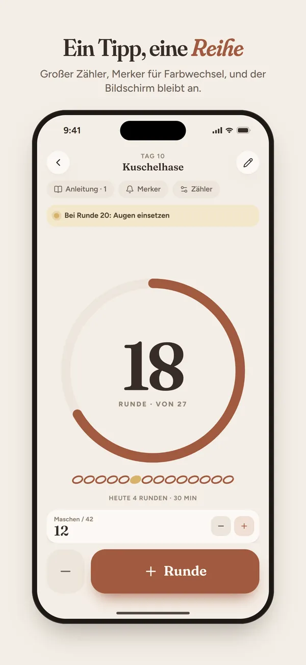 Ein Tipp, eine Reihe: großer Zähler bei Runde 18 von 27 mit dem Merker „Bei Runde 20: Augen einsetzen“.