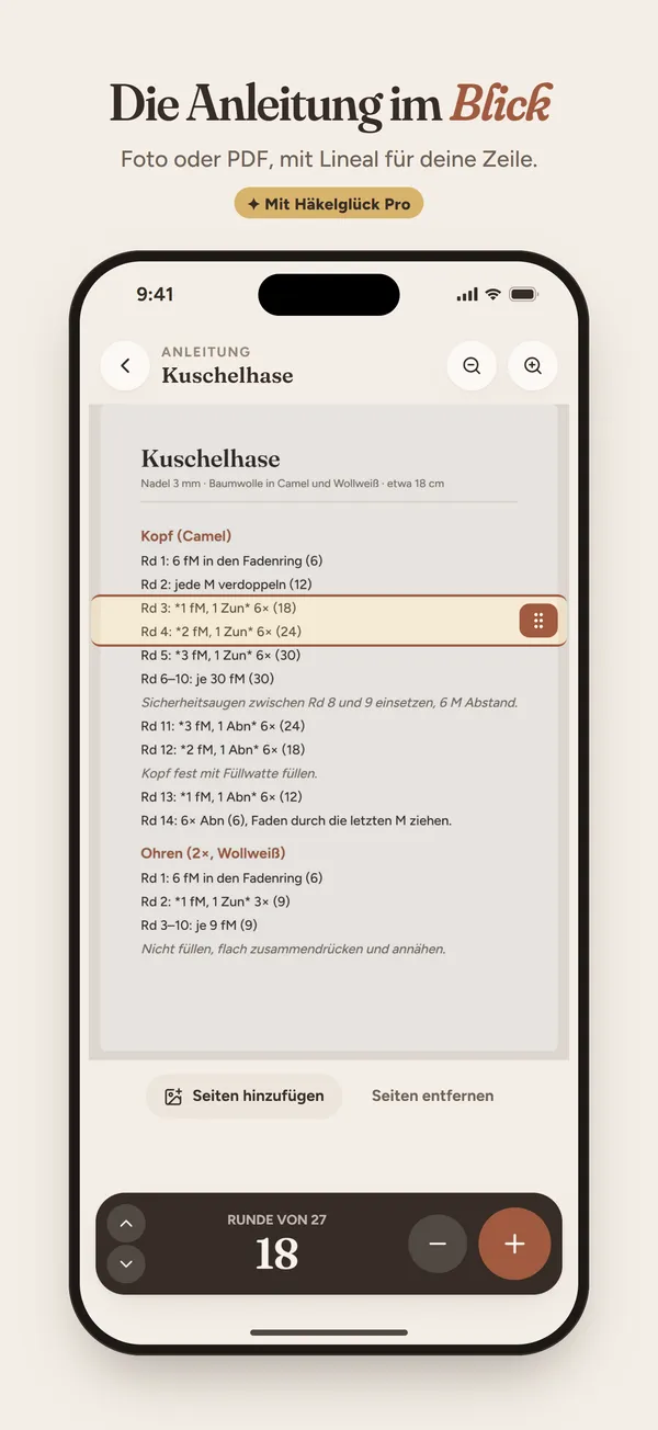 Die Anleitung im Blick: Foto oder PDF mit Lineal für deine Zeile. Mit Häkelglück Pro.