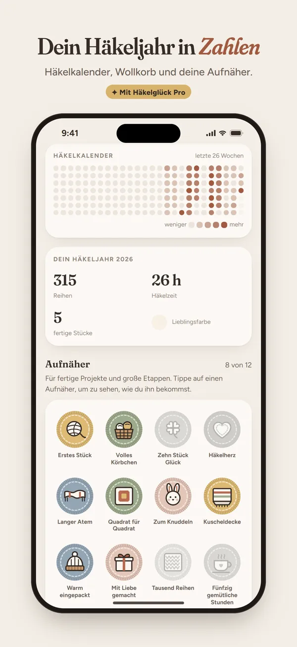 Dein Häkeljahr in Zahlen: Häkelkalender, Wollkorb und deine Aufnäher. Mit Häkelglück Pro.